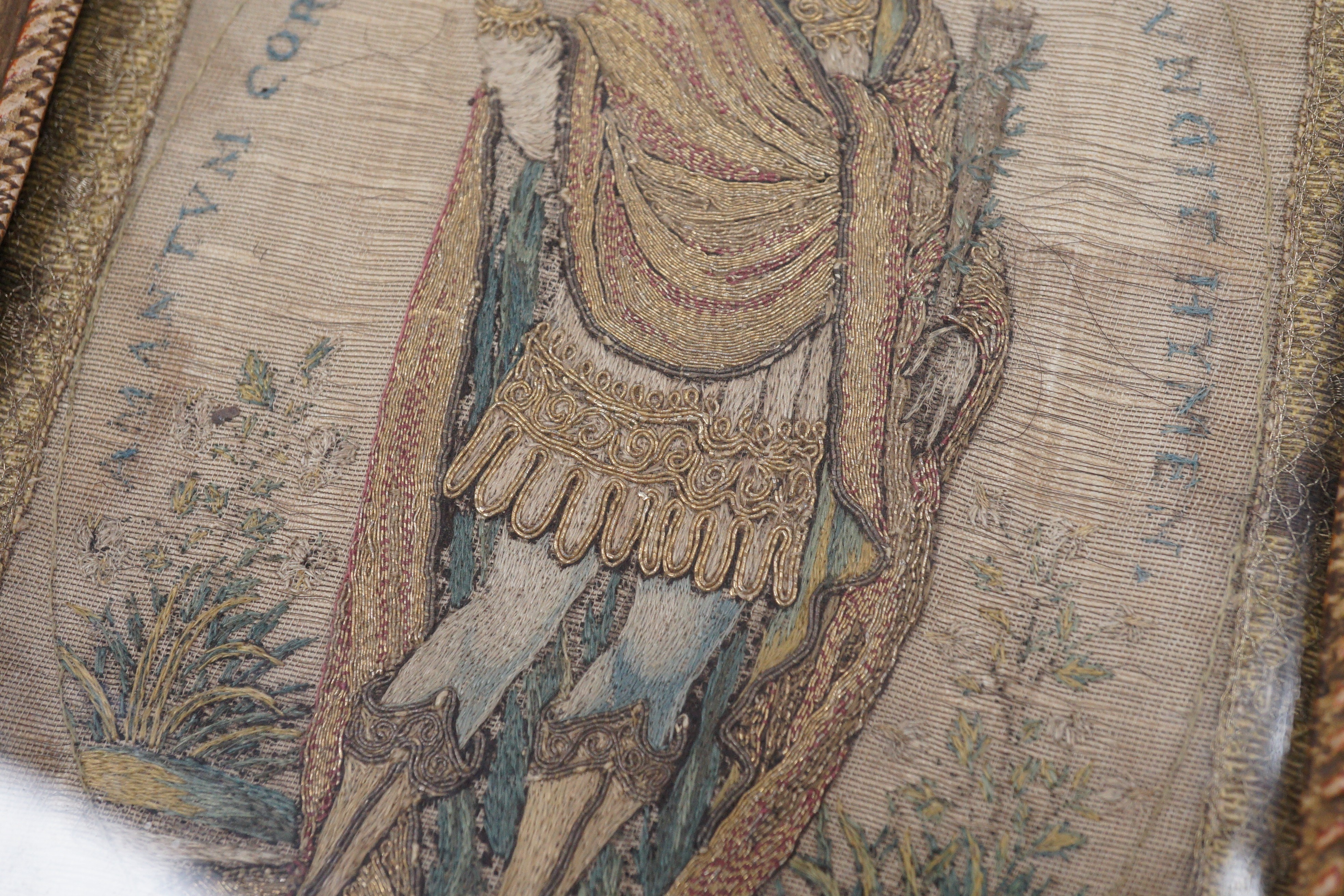 A pair of 18th century Italian embroideries in gilt frames, 24 x 19cm